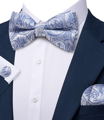 Image of Barry.Wang Paisley Striped Bow Tie for Men Silk Pre-Tied Bowtie Pocket Square Cufflinks Set Formal Wedding Party Prom