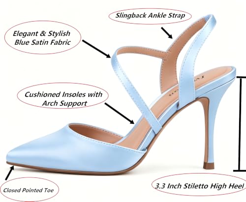 Image of Closed Toe Slingback Heels Wedding High Stiletto Heel for Women 3.3 Inch Ankle Strap Pointed Toe Pumps Prom Dress Bride Shoes for Dinner Party Sexy