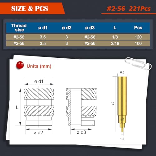 Image of 221Pcs #2-56 Threaded Inserts,Female Thread SAE Knurled Nuts Assortment Kit, Brass Heat Set Insert for Plastic and 3D Printing Components (#2-56 * 1 /8 * 3.5, #2-56 * 3 /16 * 3.5)