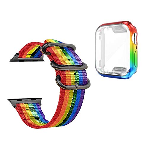 for Rainbow Apple Watch Band 44mm and Screen Protector,Series 6/SE/5/4 Gay Pride LGBTQ Sport Strap Wristband with Iridescent Face Cover,Smart iWatch Bands Case Nike Defense Edge Men Boys Accessories