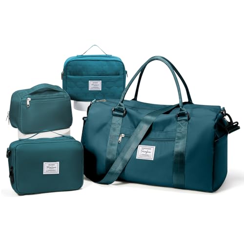 Image of Gym Bag Womens Mens with Shoes Compartment Travel Duffel Bag for Women for Plane Sport Gym Tote Bags Swimming Yoga Weekend Overnight Carry on Bag Hospital Holdalls 4Pcs Set Peacock Blue