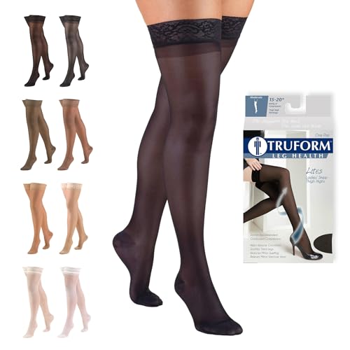 Image of Truform Sheer Compression Stockings, 15-20 mmHg, Women's Thigh High Length, 20 Denier, Navy, Small