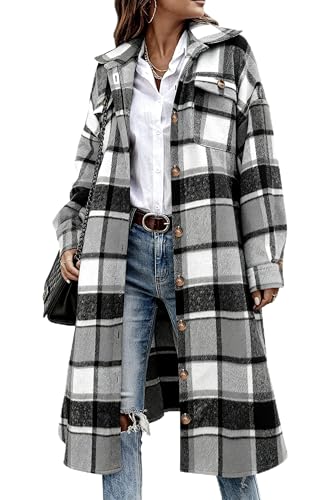 UANEO Plaid Coat Women Button Down Long Plaid Jacket Fall Flannel Trench Coat (Grey, S)
