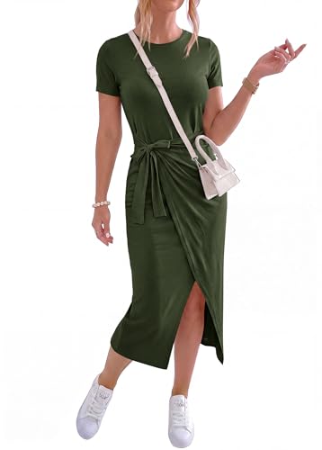 Image of NOLLSOM Women Casual Sleeveless Striped Tank Midi Dresses Halter Neck Ruched Bodycon Dresses Tie Waist T Shirt Summer Dress
