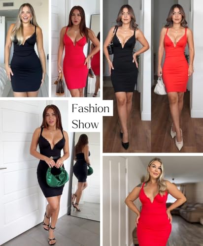 Image of Popilush Women's 2026 V Neck Mini Dress Sexy Lace Bodycon Shapewear Dresses Cocktail Party Evening Date Night