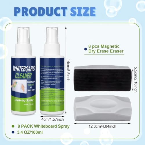 Fuyoooo 8 Pack Magnetic Dry Erase Eraser with 8 Pcs Whiteboard Spray Cleaner 3.4 oz Dry Erase Board Cleaner Stubborn Marks Removes for Whiteboard Chalkboard Office Classroom Accessories - Image 2