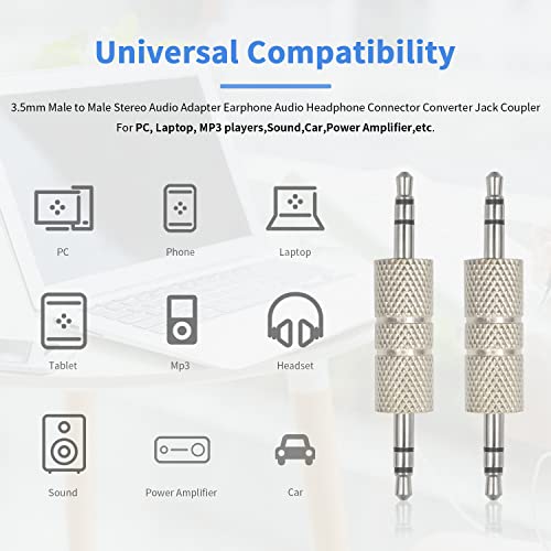 Duttek 3.5Mm Male To Male Audio Adapter, Metal Silver 3 Pole 3.5Mm Stereo Jack To 3.5Mm Stereo Jack Adapter, 1/8 Inch Male To Male Audio Headphone Jack Coupler Connectors - 2 Pack #TOP2