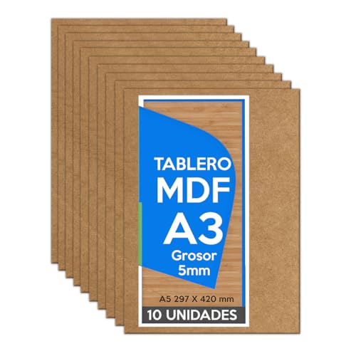 Tablero DM (MDF) A3 297x420 x 5mm (10 paneles) - Madera para Bricolaje, Manualidades, Láser, Marqueteria, Artesanía