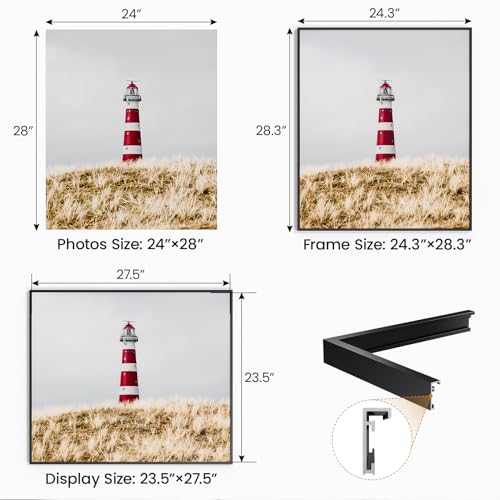 Image of 24x28 Aluminum Metal Picture Frame,Tempered Glass Black Photo Frame 24x28 for Family Photo,Posters,Art,Document to Wall Mount Horizontally or Vertically