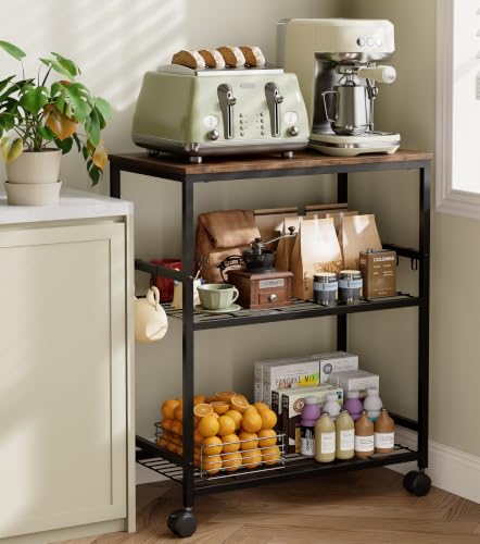 itchen Rolling Cart 3-Tier Microwave Stand with Lockable Wheels One-Piece Shelf Kitchen Utility Storage Cart for Coffee Bar Apartment Dorm Laundry Room Office 23.6 x 15.7 x 27.6 Brown