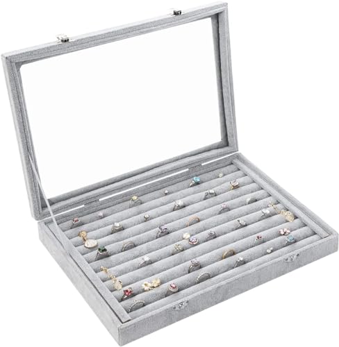 Image of KRISHYAM Rings /Earrings Organizer 10 Slots Velvet Drawer Jewelry Storage Box with Transparent Glass Lid Jewelry Display Case Store Showcase Box Gifts for Girls Women