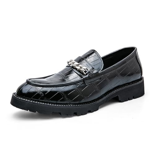 Men's Leather Printed Platform Slip-On Penny Loafers with Metal Chain Detail Lightweight Round Toe Business Dress Shoes for Formal Office Weddings Party