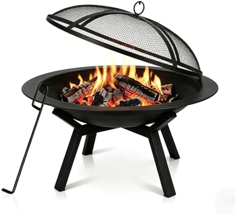 Outdoor Wood Burning Fire Pit, Heavy Duty Round Steel Fire Bowl f...