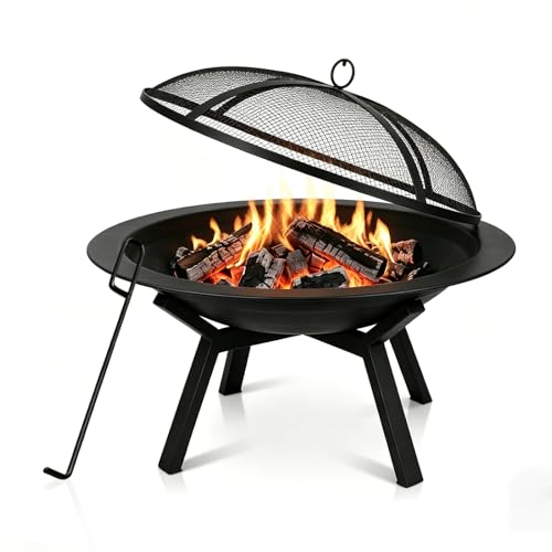 Outdoor Wood Burning Fire Pit, Heavy Duty Round Steel Fire Bowl for Backyard, Patio, Camping, Bonfire, Black Finish, with Mesh Spark Screen and Hook