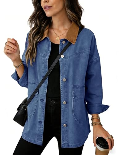 Yeokou Women's Oversized Contrast Collar Denim Barn Jacket Button Down
