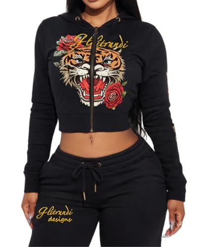 Glitrandi Womens 2 Piece Outfits Fashion Print Cropped Hoodies Jacket Sweatpants With Pockets Tracksuit For Women2