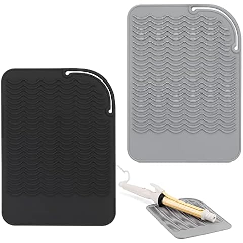 2 Pack Heat Mat for Hair Straighteners, Curling Iron, Flat Iron - Silicone Heat Resistant Mat Thick and Heat Proof, Portable Roll-up Storage Bag for Home Travel Hair Salon Tool (9"x6.5", Black, Grey) Cover