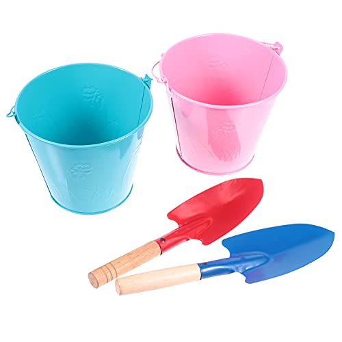 Hemoton 4Pcs Beach Sand Toys Buckets and Shovels Iron Sand Pail for Kids Beach Play Camping Gear Water Party Favors