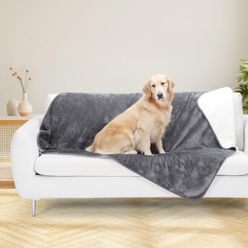 PETTOM Fleece Hundedecke wasserdichte Haustierdecken, weicher Plüschüberwurf für Katzen Welpen Schützt Couch, Stühle, Auto oder Bett vor Verschütten, Flecken - Maschine waschbar, 152 x 127 cm,Grau
