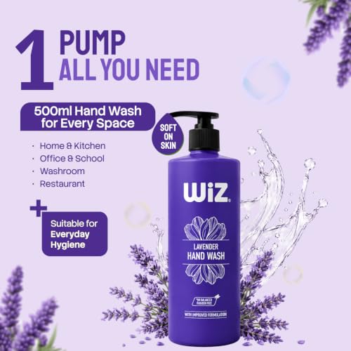 Image of Wiz Lavender Liquid Hand Wash - 500ml with Pump Dispenser | Gentle Hand Cleanser for Daily Use | Refreshing Fragrance | Handwash Bottle for Kitchen & Bathroom