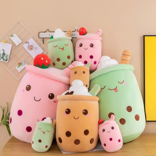 Aiuidun Bubble Tea Kuscheltier,Boba Stofftier Plüschkissen Spielzeug Weiches Umarmungskissen Geschenk für Kinder Mädchen Jungen(Grün-Schielende Augen,35cm)