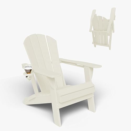 Miniatura 8 de Silla Adirondack plegable con portavasos, sillas de plástico HDPE para exteriores, resistente a la intemperie, aspecto de madera real para patio,