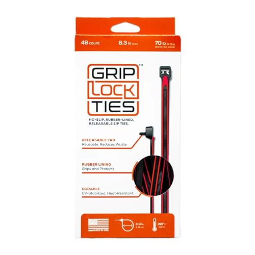 GRIP LOCK TIES G8-BKRD-X48 Cable Ties Zip Ties 8 in Long Red Rubber Lined Nylon Black Reusable Set of 48