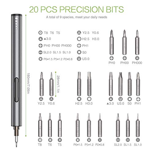 KeeKit Precision Electric Screwdriver, 22 in 1 Portable Power Screwdriver with 20 Bits, Rechargeable Repair Tool Kits with USB Charging, 3 LED Light, Magnetizer for Phones, Watches, Camera, Laptop