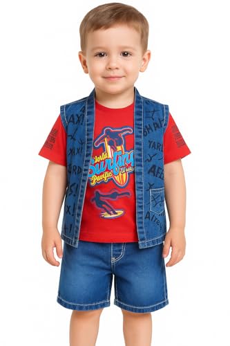 Image of Baby Boy T-shirt Shorts Pants and Jacket Denim Jeans Dress Clothing Set for Kids (Print Designs May Vary)