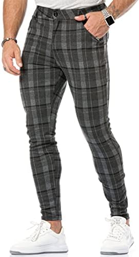 CANGHPGIN Mens Casual Pants Slim Fit Stretch Dress Pants Tapered Skinny Checkered Business Fashion Plaid Pants Grey