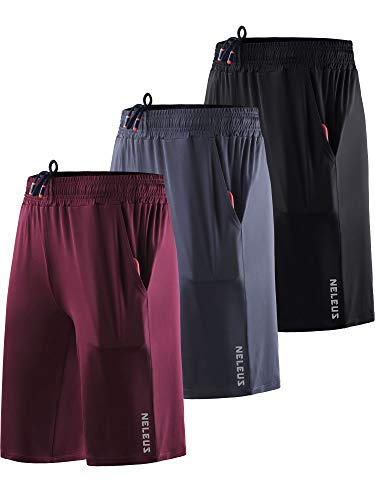 Neleus Women s 10 inch Running Shorts Workout Athletic Short for Yoga with Pocket,3 Pack,Black Grey Red,US M,EU L