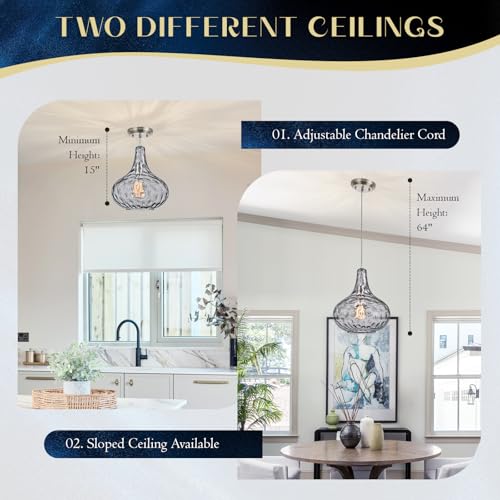 Image of 11 inch Smoked Hammered Glass Pendant Light, Brushed Nickel, E26 | 11 inch smoked hammered glass pendant light with brushed nickel finish, adjustable cord, E26 socket for kitchen islands