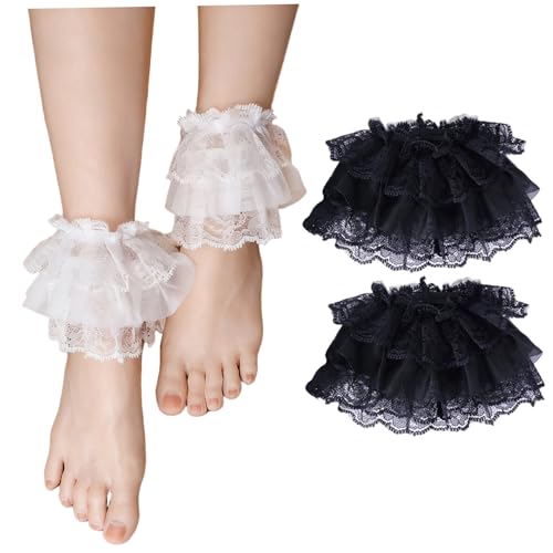 AZIDWERYQ 2 Pairs Ruffle Cuffs for Women Fashion Stretch Short Lace Leg Warmers Socks Topper Cuff Lolita Accessories, White + Black White Leg Warmers