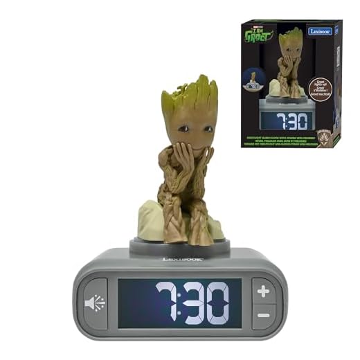 LEXiBOOK, Marvel Guardians of The Galaxy, Groot Nightlight Alarm Clock, Sounds and Melodies, Backlit LCD Screen, Illuminated, Snooze, Grey/Brown, RL800GG