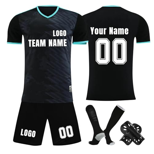 Personalised Football Jersey Adult/Kids Football Jersey Name/Number/Team/Logo Custom Soccer Uniform Socks T-Shirts Pants Guard Plate 4 Piece Kits Breathable Tracksuits A35 Black