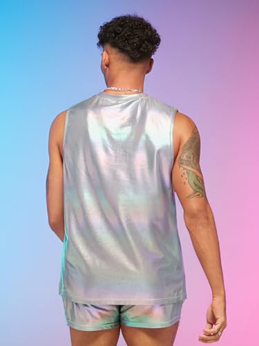 WDIRARA Men's 2 Piece Outfit Holographic Sleeveless Tank Top and Drawstring Track Shorts Set2