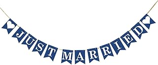 KUNGOON Just Married wedding banner in Navy blue and White,Funny Wedding Bridal Shower Bachelorette Party Decorations.