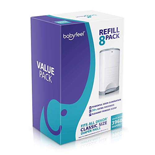Babyfeel Refills Compatible With Dekor Classic Diaper Pails | 8 Pack | Exclusive 30% Extra Thickness | Diaper Pail Refills With Powerful Odor Elimination | Powder Scent | Holds Up To 3960 Diapers #TOP5