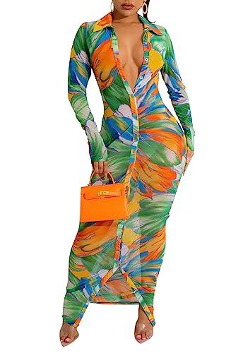 Women's Sexy Summer Sheer Mesh Dresses Button Down Long Sleeve See Through Swimwear Maxi Dress - Main Image