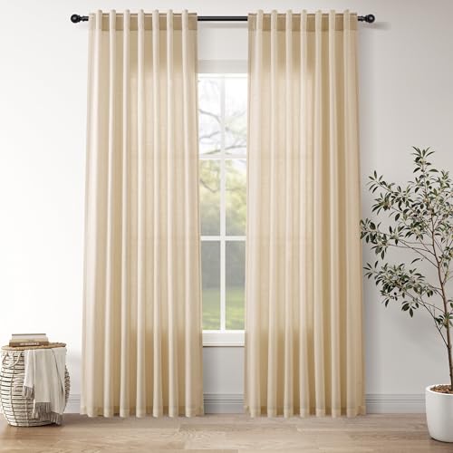 Image of Linen Curtains 84 Inch Long for Living Room Back Tab Tan