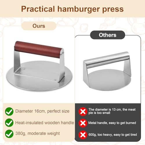 Pmueuff Edelstahl Burgerpresse für Zuhause/Grill Küche, Robuste Burger Smasher, Spülmaschinenfeste Hamburgerpresse mit Holzgriff, Grillzubehör 6,3 Zoll/Ø 16 cm für Fleisch/Patty/Steak