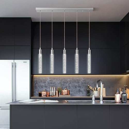 Image of Kitchen Island Lighting Modern Light Fixture Chrome Pendant Light Dimmable LED Chrome Finish Mini Crystal Pendant Lights for Dining Room Living Room(5-Light)