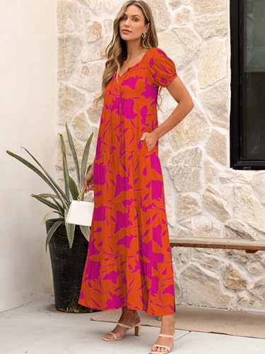 Image of ANRABESS Women's Boho Maxi Dresses 2025 Summer Casual Floral Puff Short Sleeve Tie Front Flowy Swing Tiered Long Beach Dress