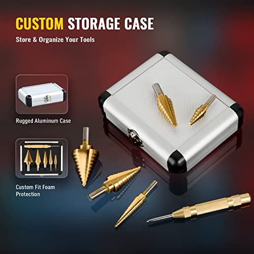 Image of ZELCAN HSS 5PCS Titanium Step Drill Bit Set with Automatic Center Punch for Sheet Metal with Aluminum Case, 50 Sizes in 5 High Speed Multiple Hole Stepped Up Steel Bits for DIY Lovers