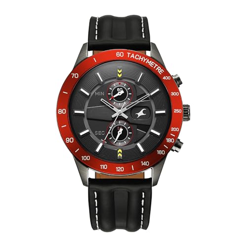 Image of Fastrack Overdrive Quartz Dark Grey Round Dial Men's Watch | Leather Strap Material | Watches for Men Analog - 3332KL01