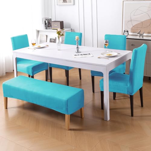 Image of HOKIPO 'SereneSolids' 140 GSM Dining Chair Cover Set of 4 with 1 Bench Cover, Sky Blue (AR-6282-SBL)