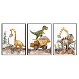Dazzlewall Juego de 3 Piezas de Arte de Pared Infantil de Dinosaurios, Pósters de Camiones de Construcción para Decoración de Dormitorio de Bebé o Guardería, 12x16 Pulgadas Sin Enmarcar
