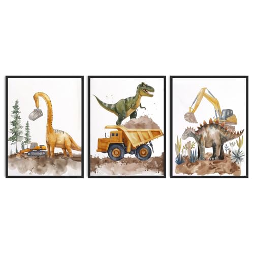 Dazzlewall 3Pcs Kids Dinosaur Wall Art Set, Construction Truck Posters for Toddler Bedroom Nursery Decor 12x16 in Unframed