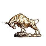 EKDJKK Brass Bull Figurine,Wall Street Bull Art Decor, Bull/Cow/OxFigure Statues and Sculptures Home Office Desk Decorative Ornament (14.2x4.3x8.7 Inch)