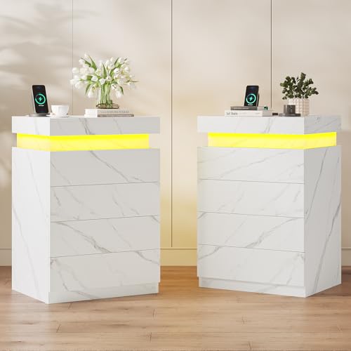 ADORNEVE Night Stand Set of 2,Nightstand with Charging Station & LED Light & Sliding Top,Bedside Table with Drawers,Modern Bed Side Tables Bedroom,White Marble Color